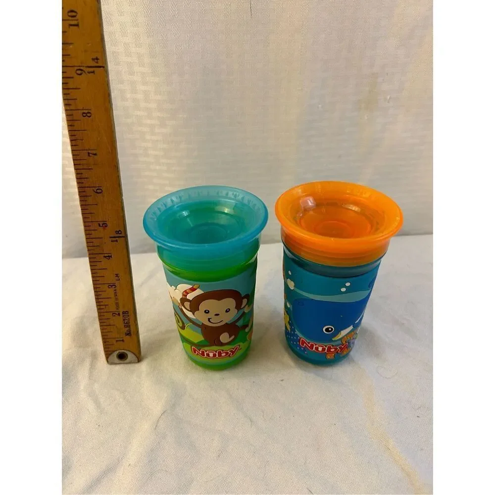 2 Nuby sippy cups Monkey & Sea‎ Creature Blue Orange lot 2016